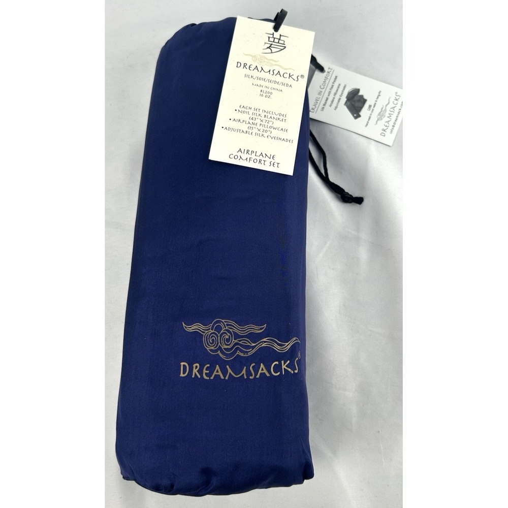 NEW Vtg Dreamsacks Silk Airplane Comfort Set Blue Blanket Pillowcase Eye Mask